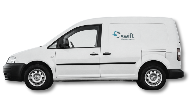 White Swift Transport Services Melbourne van, left view, plain background; reliable Melbourne industrial fleet transport.