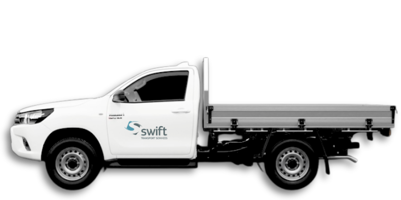 White flatbed lorry with Swift Transport Services Melbourne logo, side view, highlighting reliable industrial transport fleet.