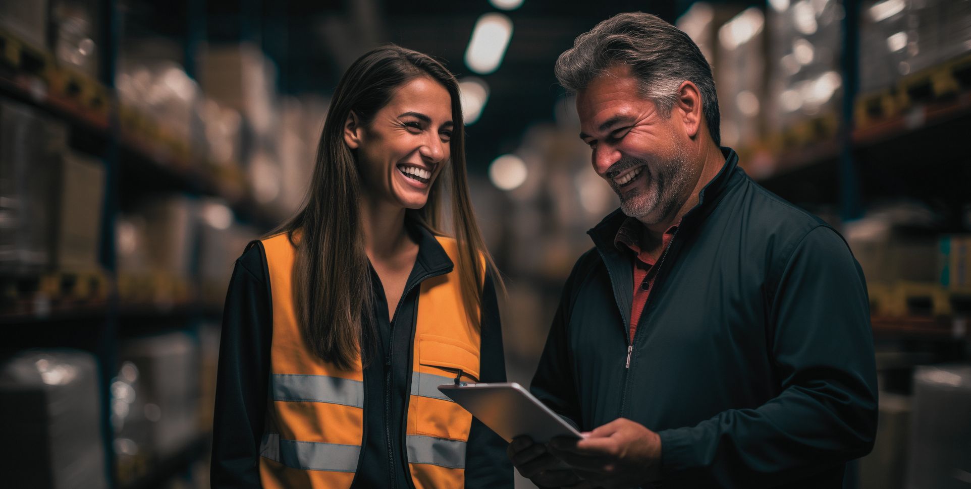 Two team members in reflective vest review clipboard in industrial Melbourne warehouse, showcasing reliable transport services.