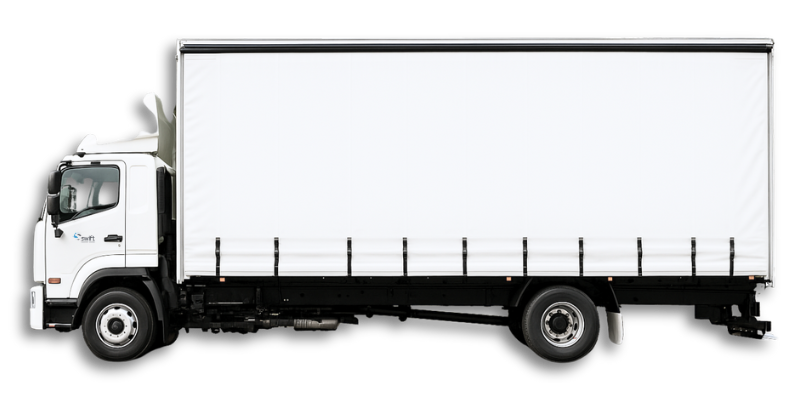 White industrial box lorry with covered cargo area, representing reliable Melbourne fleet for swift transport services.