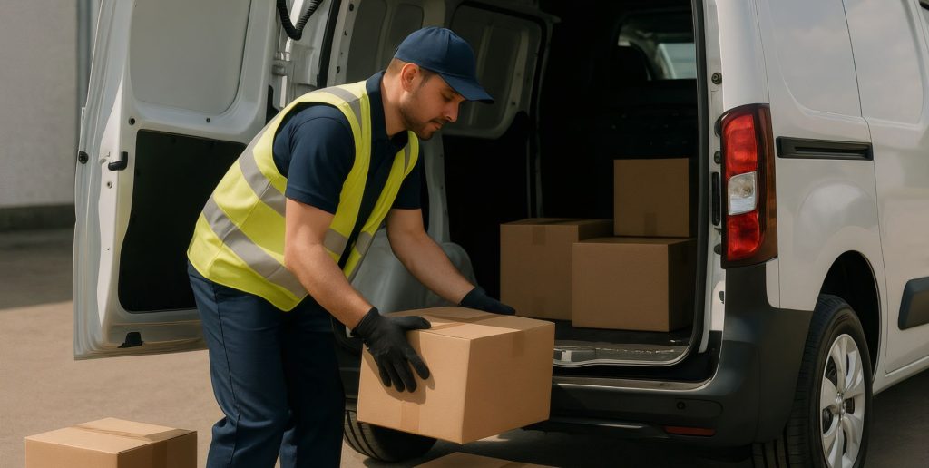 A delivery worker in a reflective vest loads boxes into a white van, highlighting Melbourne’s reliable transport fleet.