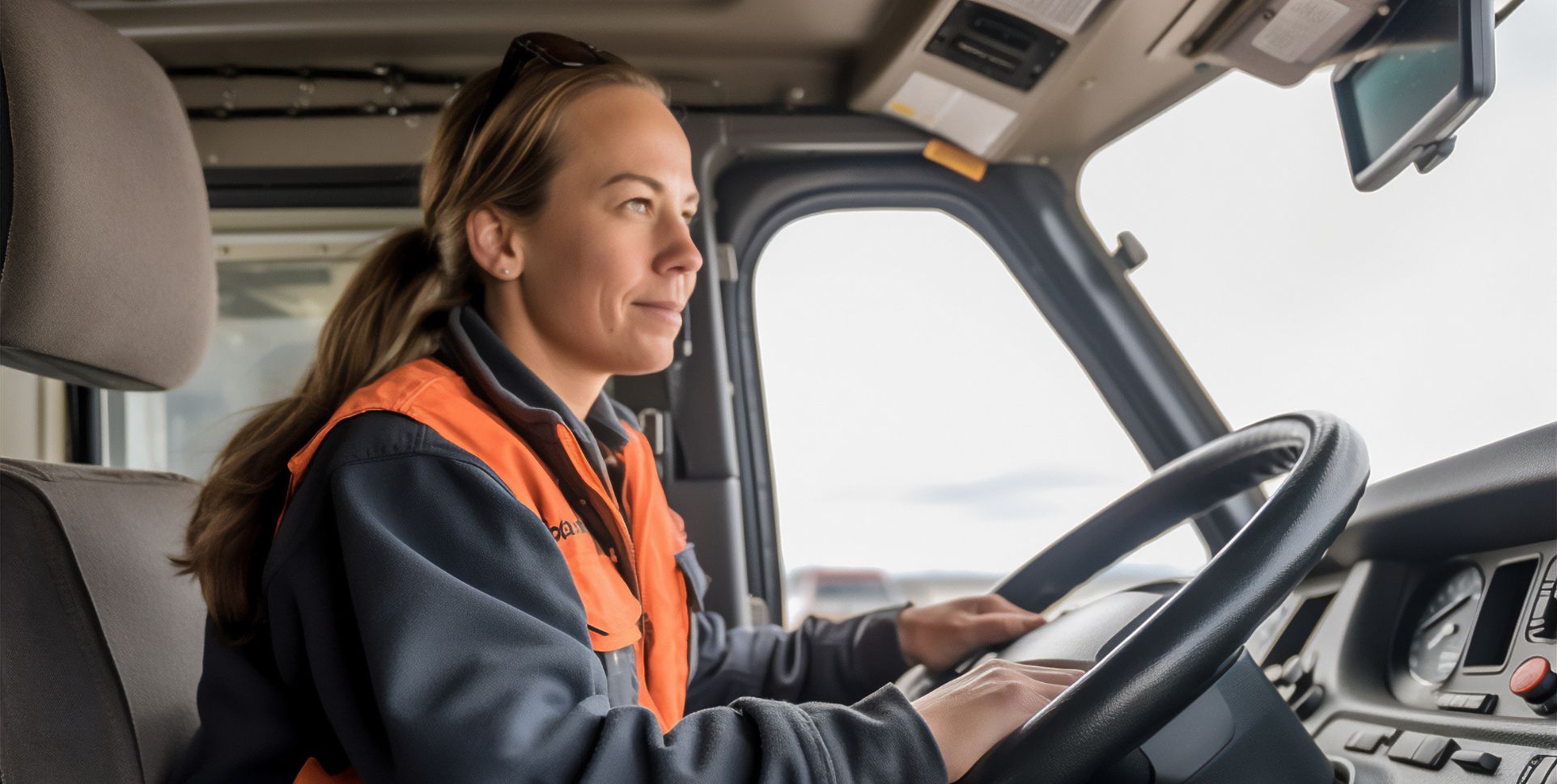 A woman in an orange safety vest drives an industrial vehicle, demonstrating reliable fleet transport in Melbourne.